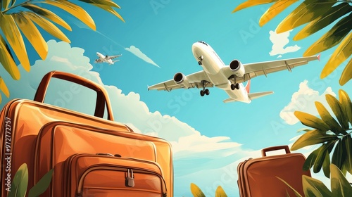 Travel and tourism concept, ravel bag with plane, Airplane flying above tourists luggage, Illustrator Artwork