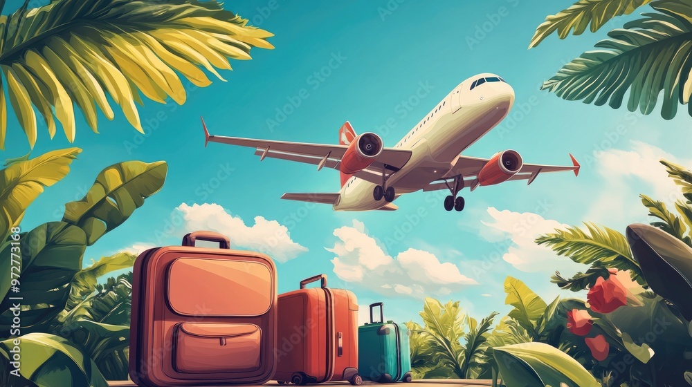 Naklejka premium Travel and tourism concept, ravel bag with plane, Airplane flying above tourists luggage, Illustrator Artwork
