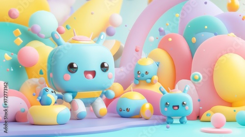 An illustration of four little cartoon characters standing next to each other. Stock. Illustration.