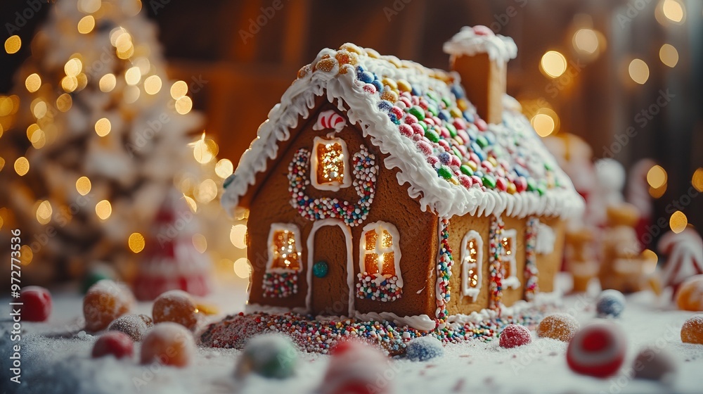 Naklejka premium Decorating homemade gingerbread houses with icing, candy, and sprinkles, perfect for Christmas gifting. 4K hyperrealistic photo.