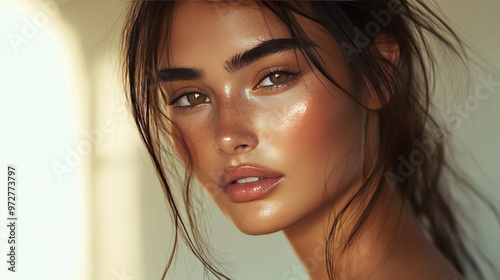 A fresh-faced beauty look, with a model showing radiant skin, natural makeup, and a healthy glow, captured in soft morning light