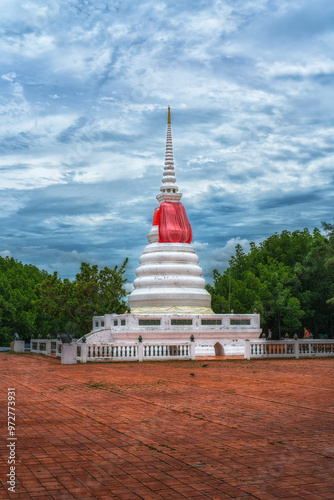 Phra chedi klang nam mangrove forest, Rayong Province, Thailand. Mangrove forest background in the wetland area where fresh water and sea water meet. Nature and environment conservation concept. photo