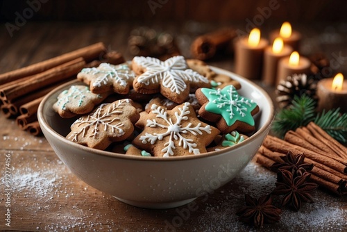 Beautiful Bowl of Christmas Cookies and Cinnamon Against a Winter Landscape photo