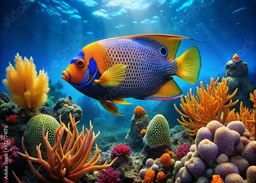 Vibrant orange-and-blue devil angelfish swims amidst coral reef's waving sea fans and schools of small fish in a photo