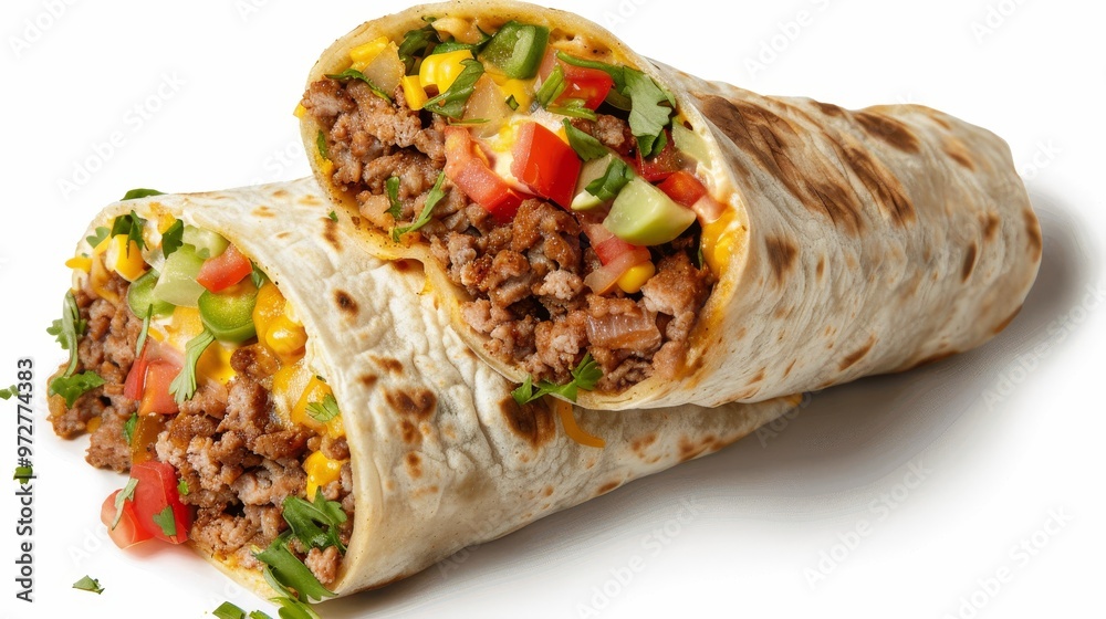 Close-Up of a Delicious Burrito with Ground Beef, Tomatoes, Corn, and Green Peppers, Food Photography, Burrito, Mexican Food Close-Up of a Delicious Burrito with Ground Beef, Tomatoes, Corn, and Green Peppers, Food Photography, Burrito, Mexican Food