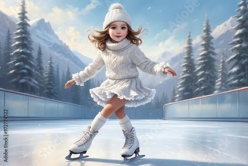 Little Girl in a White Winter Outfit with Ruffles Ice Skating on an Ice Rink photo