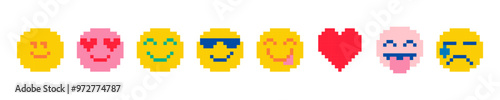 Pixels Y2k funny playful emoticon collage stickers. Basketball, soccer ball, heart, smiling face, speech buble Go. 8-bit retro style vector illustration. Set of pixel art elements. Naive emoji icon