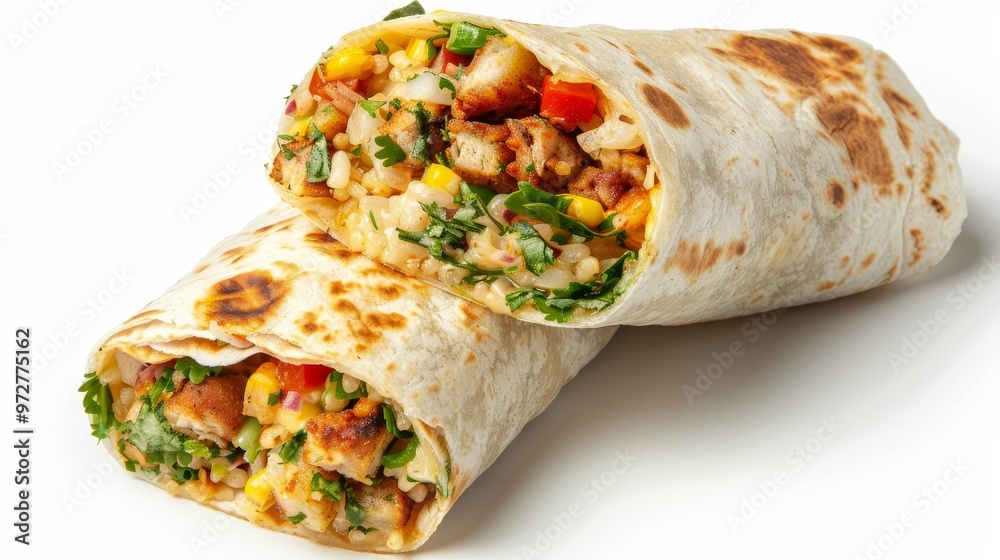 A Delicious Burrito with Chicken, Rice, and Veggies, High Angle Perspective, Tortilla Wrap, Mexican Food, Burrito Filling A Delicious Burrito with Chicken, Rice, and Veggies, High Angle Perspective, Tortilla Wrap, Mexican Food, Burrito Filling