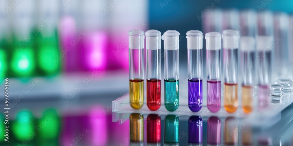 Colorful test tubes filled with various liquids displayed in a laboratory setting, showcasing vivid colors and scientific exploration. Colorful test tubes filled with various liquids displayed in a laboratory setting, showcasing vivid colors and scientific exploration.
