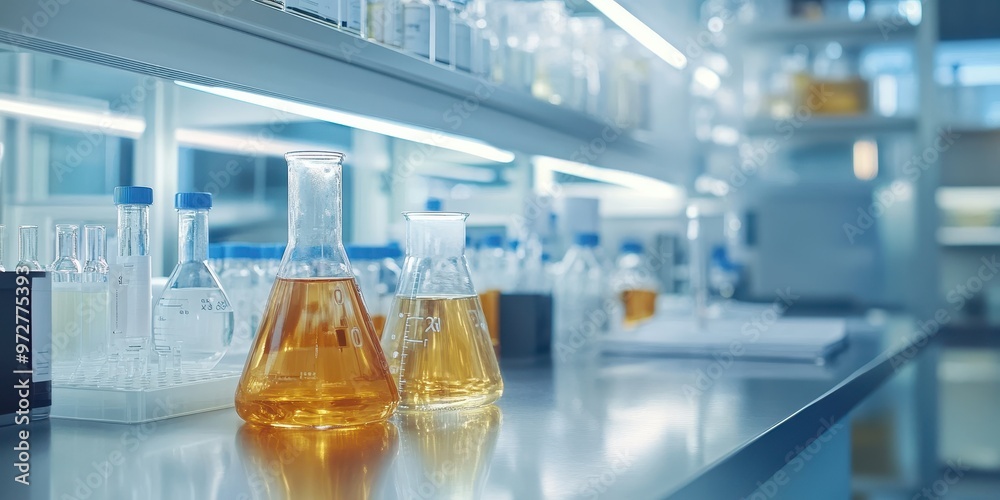 Detail of laboratory equipment with beakers filled with liquid, showcasing a clean and modern research environment. Detail of laboratory equipment with beakers filled with liquid, showcasing a clean and modern research environment.