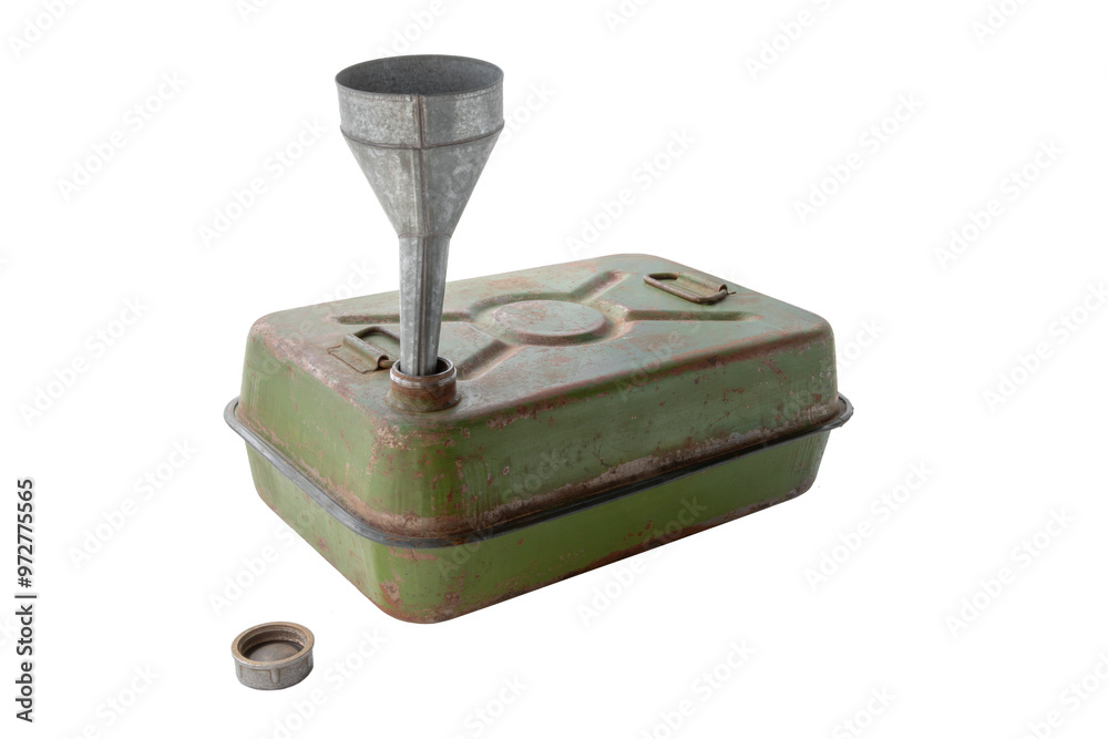 battered military canister for gasoline and diesel fuel, 40 liters, with a funnel in the neck, cut out battered military canister for gasoline and diesel fuel, 40 liters, with a funnel in the neck, cut out
