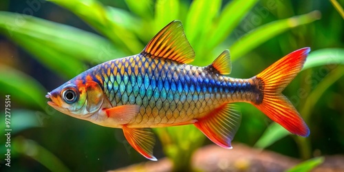 Vibrant orange and blue stripes adorn the Checker Barb fish as it swims in a well-planted aquarium, its photo