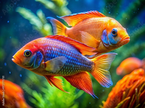 Vibrant orange and iridescent blue coyfish swim together in harmony, showcasing their exotic scales and flowing fins in photo