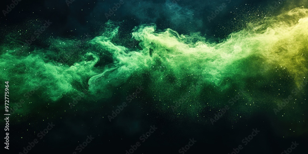 Abstract glowing green dust particles floating on a dark black background, creating an ethereal and otherworldly scene with swirling cosmic energy, evoking futuristic and sci-fi visual aesthetics

