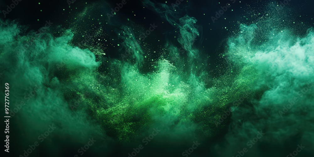 Abstract glowing green dust particles floating on a dark black background, creating an ethereal and otherworldly scene with swirling cosmic energy, evoking futuristic and sci-fi visual aesthetics
Abstract glowing green dust particles floating on a dark black background, creating an ethereal and otherworldly scene with swirling cosmic energy, evoking futuristic and sci-fi visual aesthetics