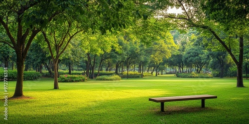 Fototapeta Naklejka Na Ścianę i Meble -  Serene green park featuring lush trees and a wooden bench, perfect for relaxation and nature appreciation.