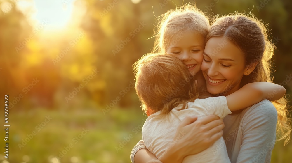 Obraz premium A joyful mother embraces her children in a sunlit park during a warm afternoon, celebrating a moment of love and connection