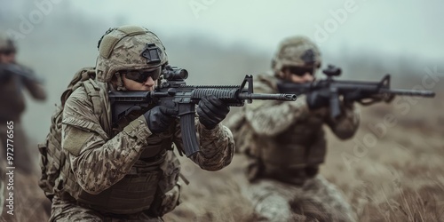 Soldiers in combat gear aiming rifles in a foggy field, showcasing military readiness and teamwork in tactical operations.