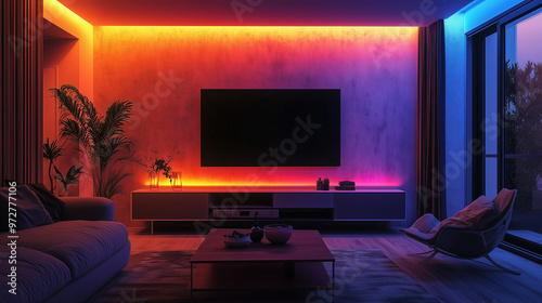 modern living room illuminated wtih vibrant led effect light for watching movies or playing games