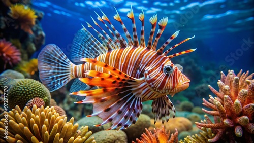 Vibrant orange and white lionfish with intricate fins and scales swims elegantly amidst coral reef, showcasing its photo