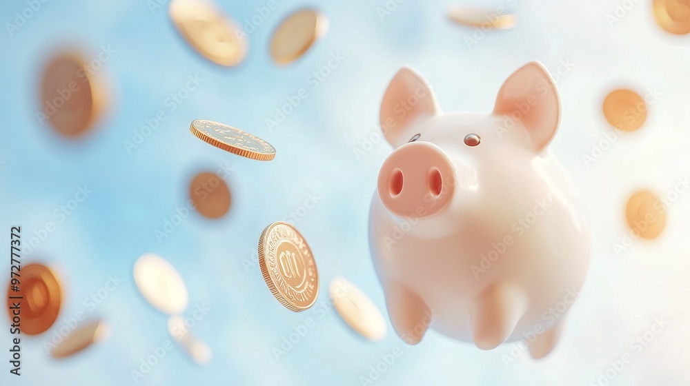 Coins falling to white piggy saving , Financial and money deposit concept. Coins falling to white piggy saving , Financial and money deposit concept.