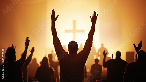 a group of worshippers raising their hands during a Sunday service in an evangelical church
