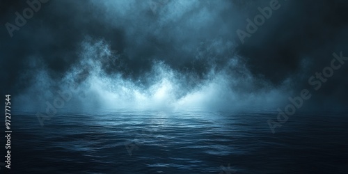 Dark ocean mist covering still water with moody atmospheric fog, creating a mysterious and surreal blue horizon in the distance, evoking feelings of solitude and tranquility
