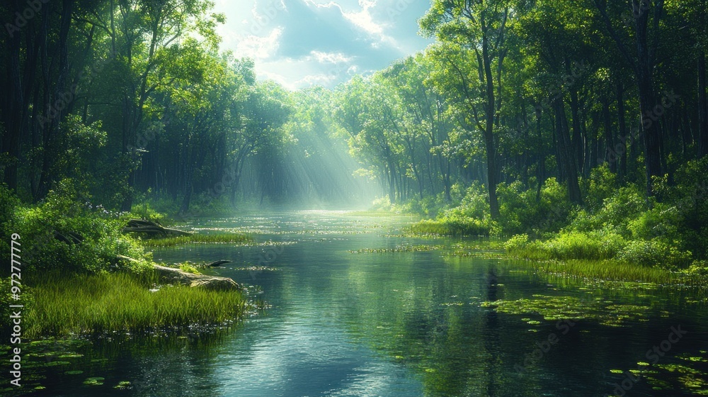 Serene forest landscape with a tranquil river and soft sunlight. Serene forest landscape with a tranquil river and soft sunlight.