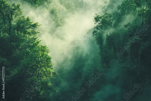 A Mystical Green Forest Shrouded in Morning Mist.