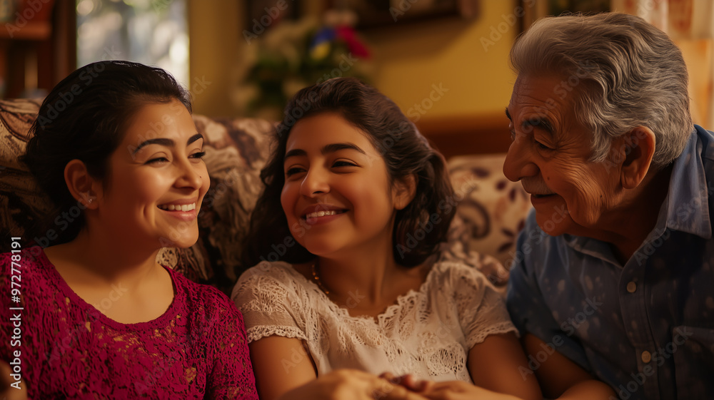 Portrait of three generations of a Hispanic family gathered together in a cozy living room, each person smiling and showing love and connection, symbolizing family heritage and unity Portrait of three generations of a Hispanic family gathered together in a cozy living room, each person smiling and showing love and connection, symbolizing family heritage and unity