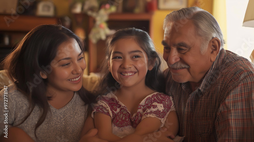 Portrait of three generations of a Hispanic family gathered together in a cozy living room, each person smiling and showing love and connection, symbolizing family heritage and unity