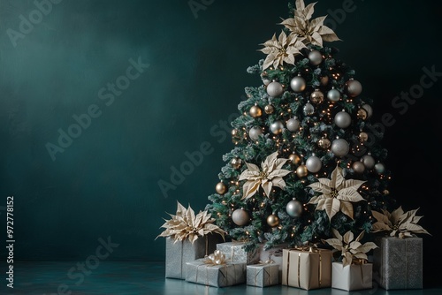 A Christmas tree decorated with metallic gold and silver ornaments, poinsettias flowersat, presents under the tree, dark green background photo