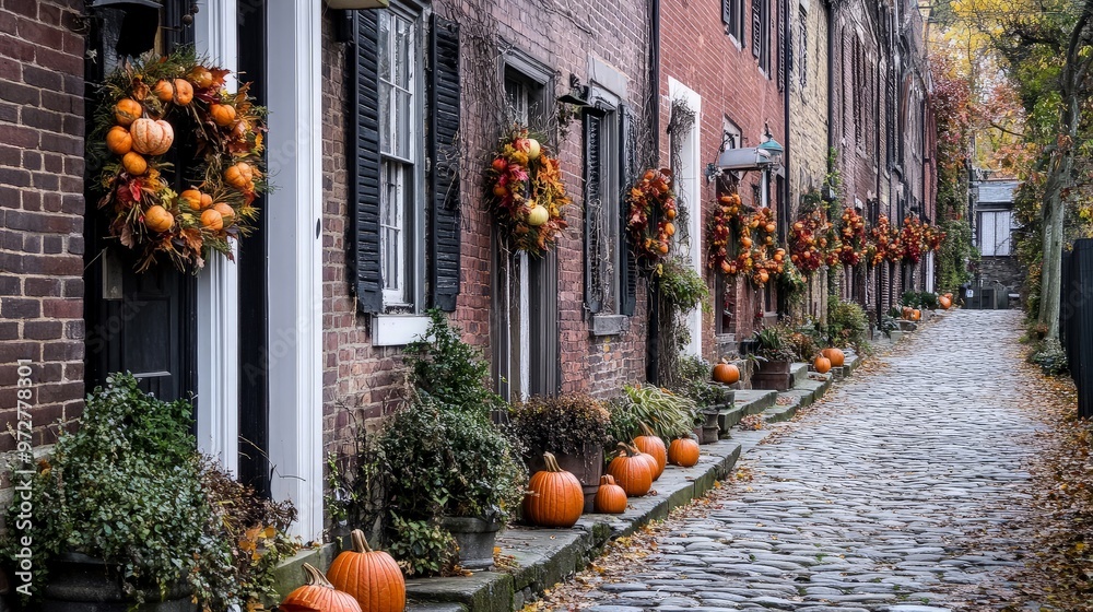 Obraz premium Cobblestone Street Decorated for Fall