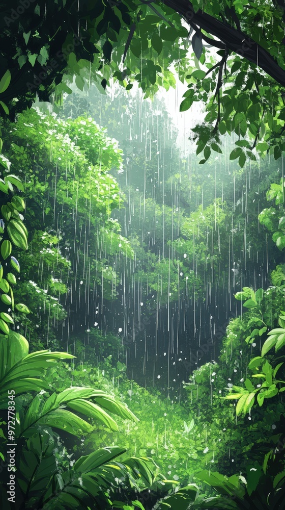 Fototapeta premium Serene Cartoon Forest Scene with Gentle Rainfall and Lush Greenery
