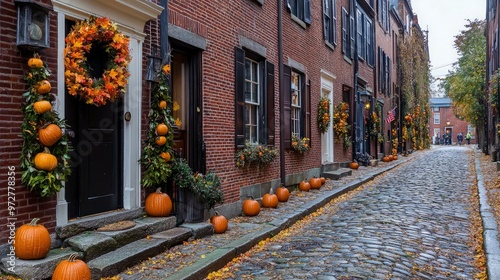 Cobblestone Street Decorated for Autumn in Boston