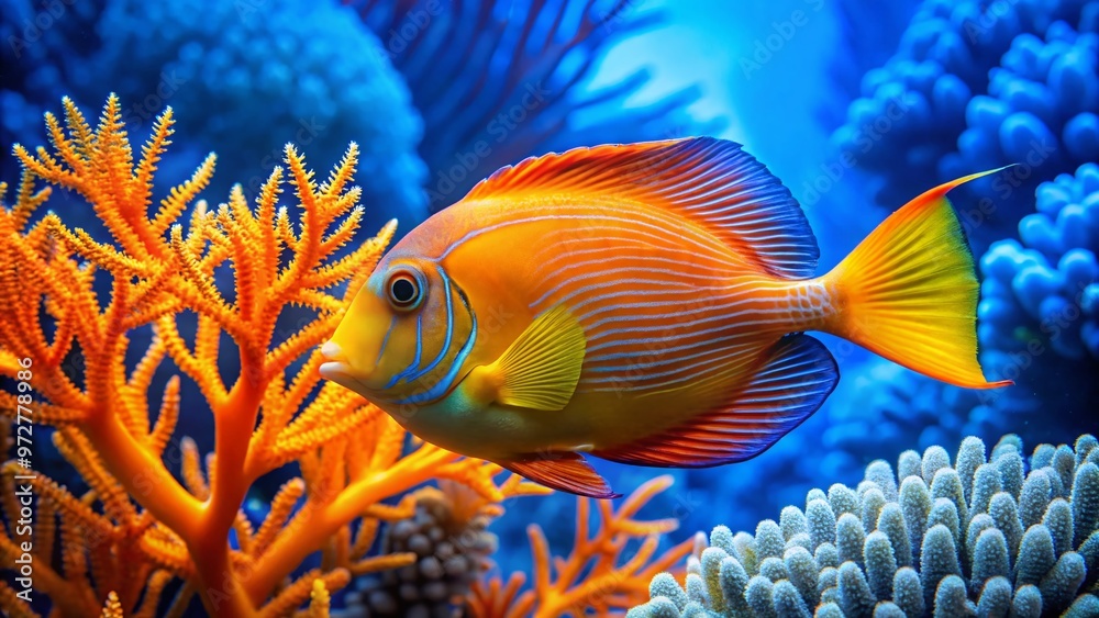 Vibrant orange and yellow regal tang swims amidst coral reef's wavy sea fans, showcasing its iridescent scales and Vibrant orange and yellow regal tang swims amidst coral reef's wavy sea fans, showcasing its iridescent scales and