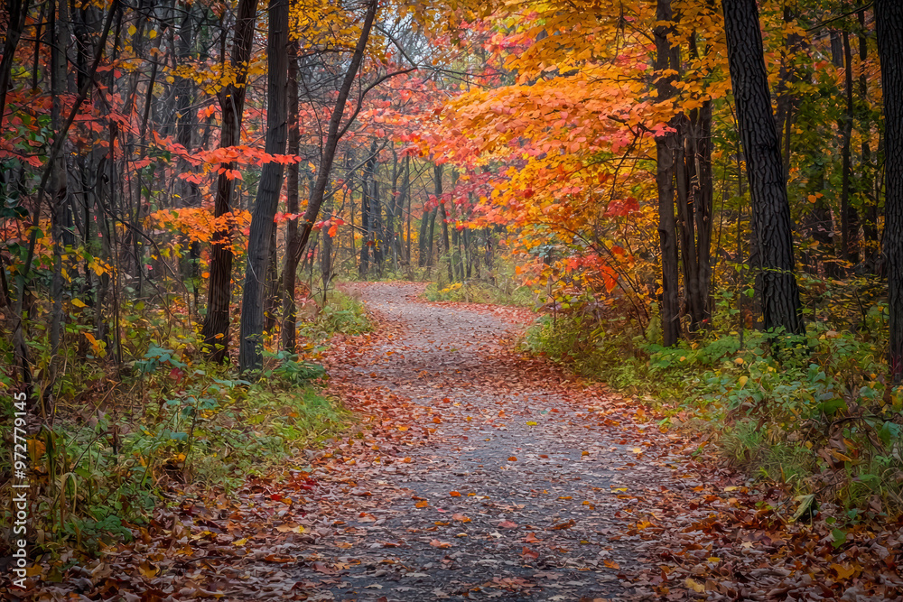 Fototapeta premium Enchanting Autumn Path Peaceful Forest Walk Amidst Fiery Fall Colors.