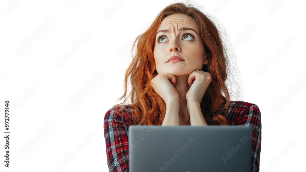 Woman working using laptop in office, looking over and Thinking . PNG file Woman working using laptop in office, looking over and Thinking . PNG file