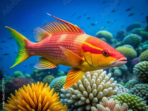 Vibrant orange and yellow striped hogfish swims in front of a coral reef, its distinctive elongated snout and photo