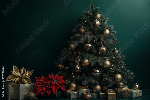 A Christmas tree decorated with metallic gold and silver ornaments, poinsettias flowersat, presents under the tree, dark green background photo