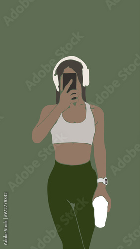 Aesthetic Fitness Female Woman In Headphones And Sport Green Suite Body Shape Vector Design