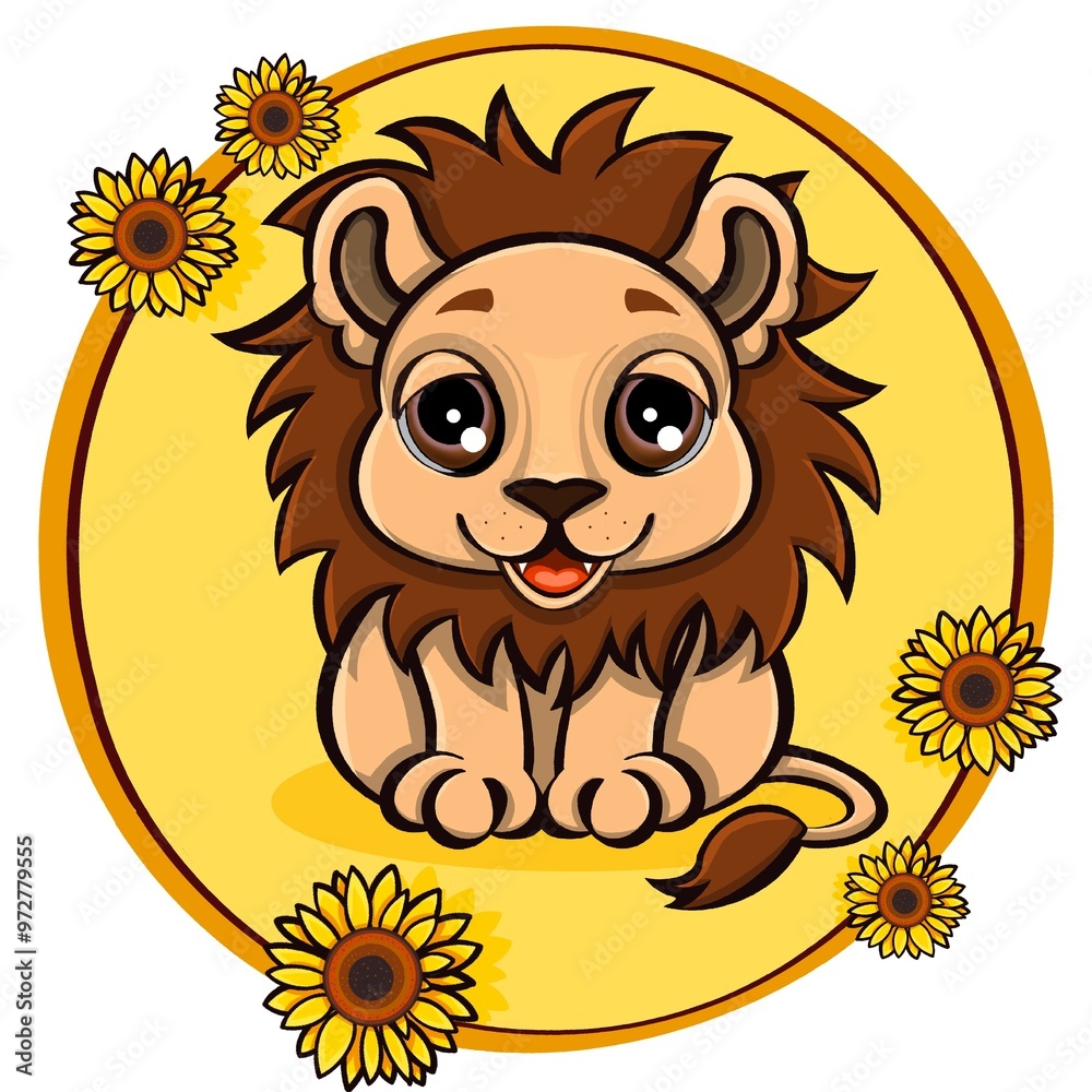 Obraz premium Little and sweet lion cub on yellow background with round frame decorated with sunflowers of various sizes