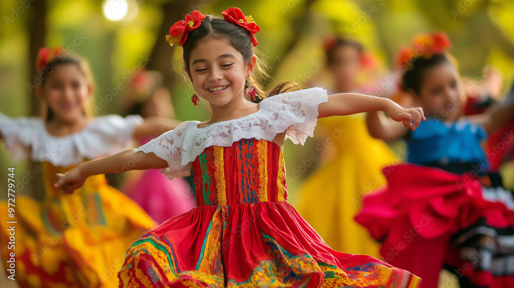 Naklejka premium The joy of a group of children performing a traditional Hispanic dance in a vibrant outdoor setting with their bright costumes flowing in motion and an audience cheering them