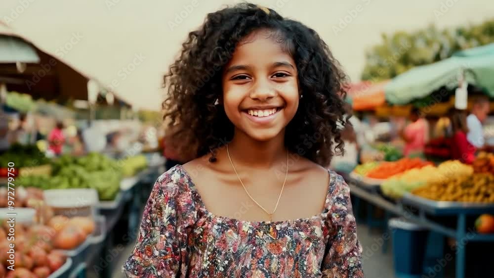 Young girl joyfully smiling amidst a bustling farmers market scene Young girl joyfully smiling amidst a bustling farmers market scene