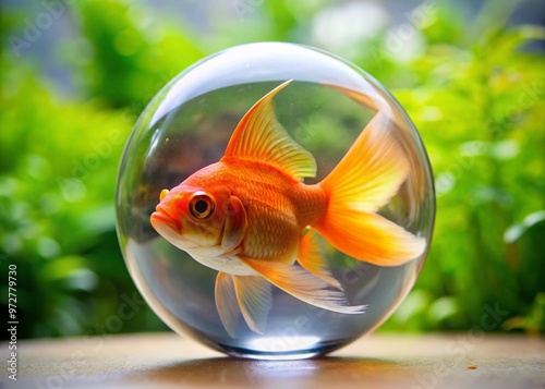 Vibrant orange bubble head goldfish swims solo in a clear glass aquarium, showcasing its unique spherical head and photo