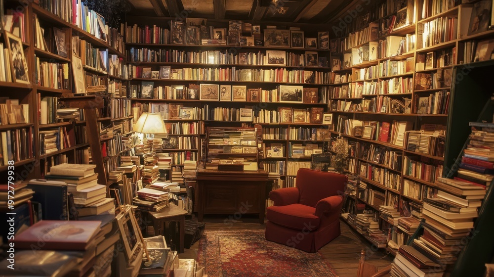 Antique bookstore with a luxurious reading nook, complete with vintage armchairs and Antique bookstore with a luxurious reading nook, complete with vintage armchairs and