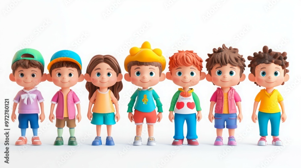 A group of cartoon children stand in a line, smiling. A group of cartoon children stand in a line, smiling.