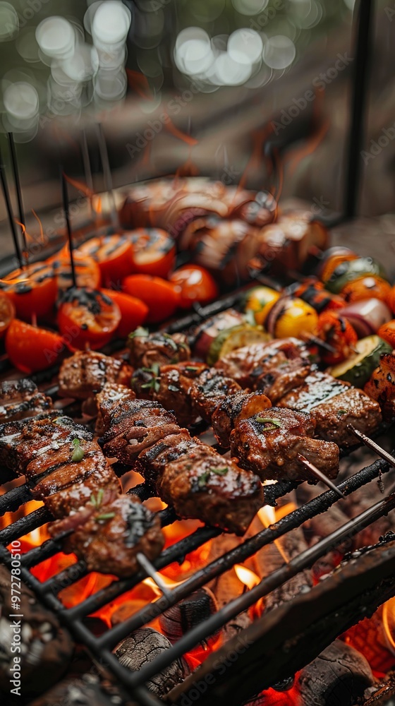 A mix of skewered vegetables and succulent meat grilling on an open flame barbecue, presenting a colorful, appetizing scene outdoors, perfect for a social gathering or feast. A mix of skewered vegetables and succulent meat grilling on an open flame barbecue, presenting a colorful, appetizing scene outdoors, perfect for a social gathering or feast.