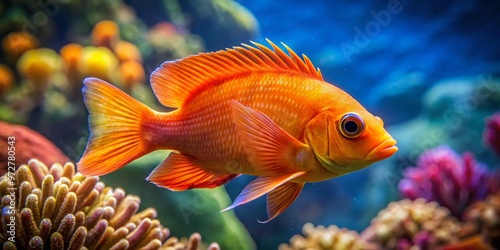 Vibrant orange fish with bold streaks and flowing fins seductively poses amidst coral, showcasing sultry, curvaceous photo