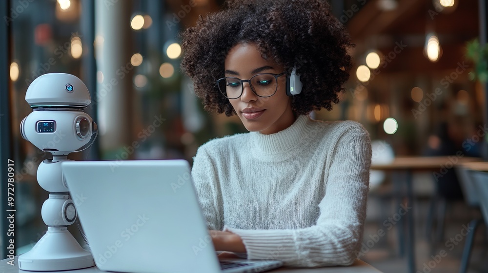 Woman using laptop and AI chat bot for creative services